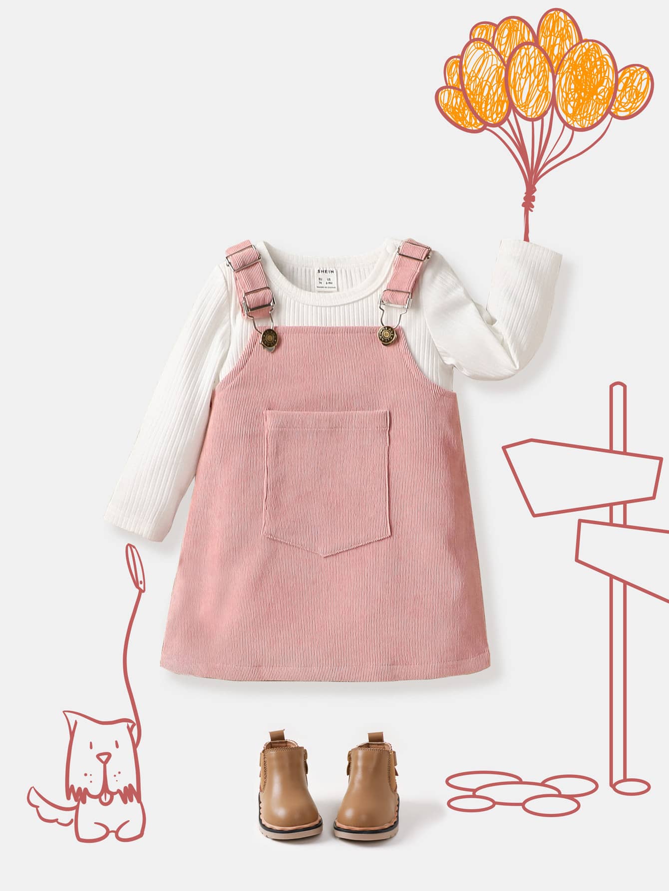 Baby Patched Pocket Pinafore Dress & Tee - Multicolor - View 1
