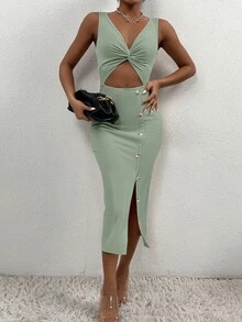 SHEIN PETITE Twist Front Cut Out Bodycon Dress - Mint Green - View 4