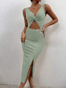 SHEIN PETITE Twist Front Cut Out Bodycon Dress - Mint Green - View 5