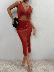 SHEIN PETITE Women Dresses Tombol Memotong Memutar Split Thigh Plain Seksi - Merah - View 3