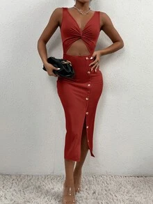 SHEIN PETITE Women Dresses Tombol Memotong Memutar Split Thigh Plain Seksi - Merah - View 4