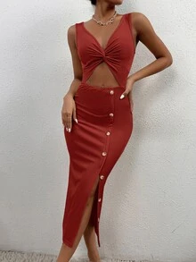 SHEIN PETITE Women Dresses Tombol Memotong Memutar Split Thigh Plain Seksi - Merah - View 5
