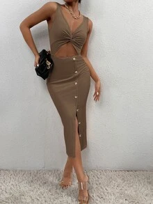 SHEIN PETITE Women Dresses Memotong Split Thigh Plain Seksi - Mocha Brown - View 3