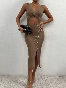 SHEIN PETITE Women Dresses Memotong Split Thigh Plain Seksi - Mocha Brown - View 4