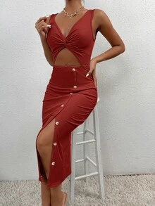SHEIN PETITE Women Dresses Tombol Memotong Memutar Split Thigh Plain Seksi - Merah - View 6