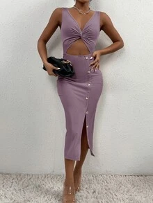 SHEIN PETITE Twist Front Cut Out Bodycon Dress - Mauve Purple - View 4