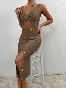 SHEIN PETITE Women Dresses Memotong Split Thigh Plain Seksi - Mocha Brown - View 6
