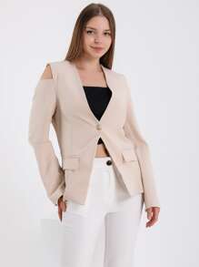 EURMUSE Cutout Shoulder Single Button Blazer - Beige - View 1