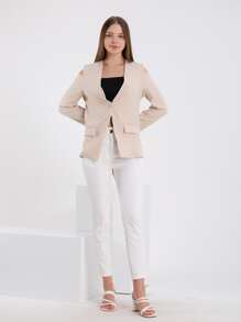 EURMUSE Cutout Shoulder Single Button Blazer - Beige - View 3