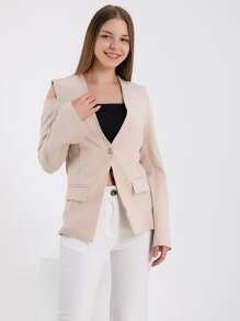 EURMUSE Cutout Shoulder Single Button Blazer - Beige - View 5