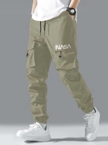 Manfinity Hypemode Men Letter Graphic Drawstring Cargo Pants - Khaki - View 1