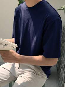 DAZY Hombres Camiseta algodón unicolor de cuello redondo - Azul Marino - Ver 1