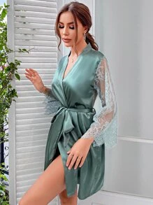 Bata panel con encaje de pestaña con cinturón de satén - Azul Cadete - Ver 6