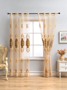 花朵刺繡單片透視窗簾 - 金色 - 查看 3