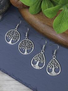TopHanqi 2pairs/set Antique Vintage Tree Detail Round Decor Drop Earrings - Antique Silver - View 2