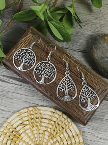 TopHanqi 2pairs/set Antique Vintage Tree Detail Round Decor Drop Earrings - Antique Silver - View 7