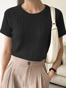DAZY Solid Raglan Sleeve Textured Tee - Black - View 5