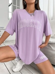 Drop Shoulder Letter Graphic Top And Cycling Shorts Set - Lilac Purple - View 1