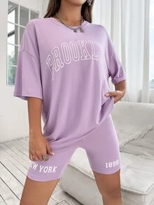 Drop Shoulder Letter Graphic Top And Cycling Shorts Set - Lilac Purple - View 3