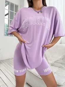 Drop Shoulder Letter Graphic Top And Cycling Shorts Set - Lilac Purple - View 4