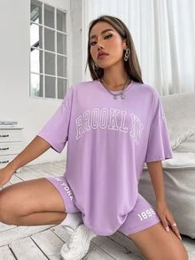 Drop Shoulder Letter Graphic Top And Cycling Shorts Set - Lilac Purple - View 5
