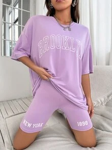 Drop Shoulder Letter Graphic Top And Cycling Shorts Set - Lilac Purple - View 6