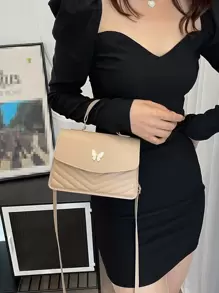 1 件卡其色 PU 时尚简约绗缝翻盖蝴蝶结装饰手提包、单肩包和斜挎包，适合女性日常通勤、购物、旅行、派对、女友/妻子生日、情人节礼物，时尚潮流 - 卡其色 - 查看 2
