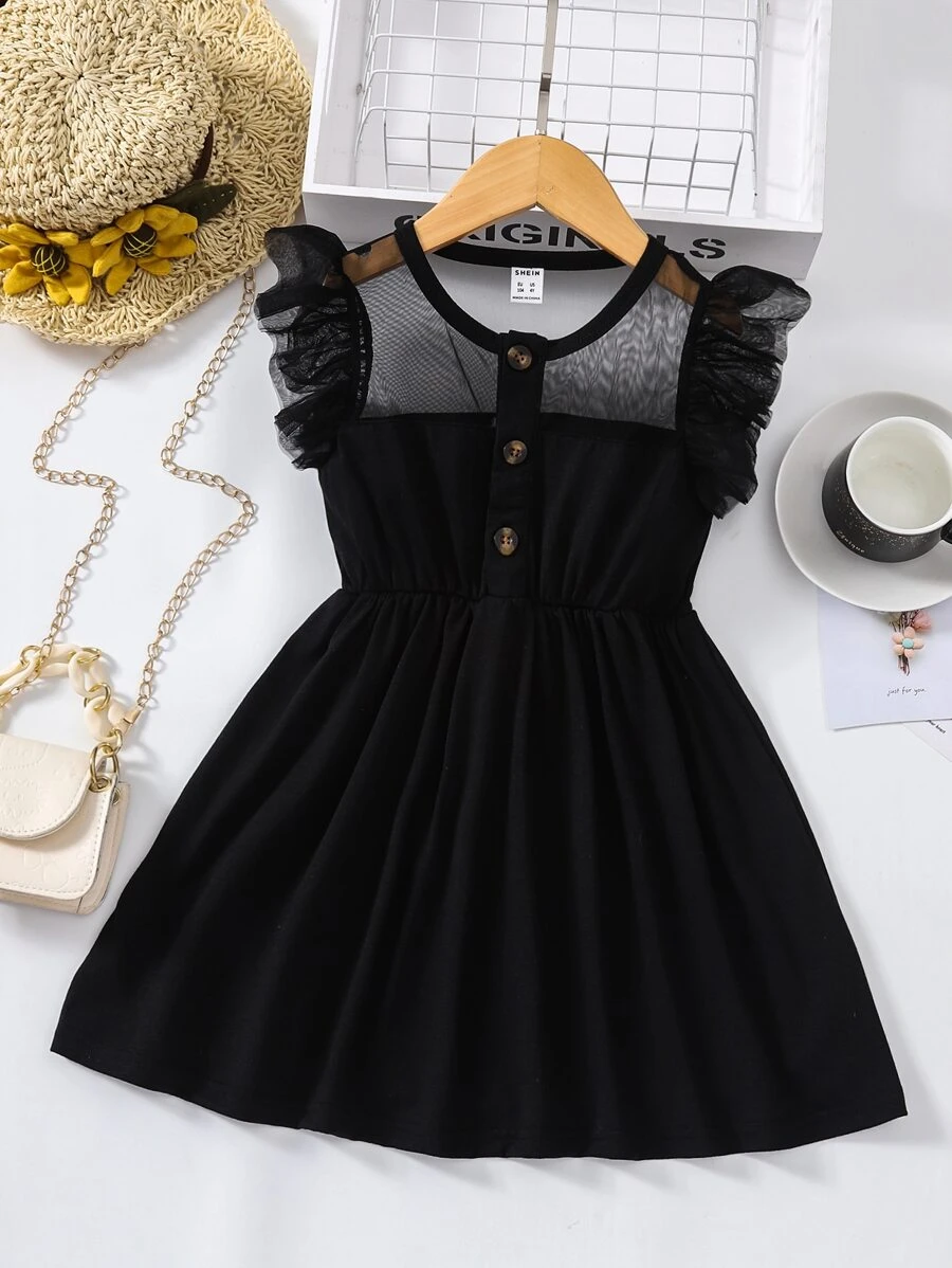 SHEIN Elladie kids Young Girl Contrast Mesh Butterfly Sleeve A-Line Dress Summer Holiday - Black - View 1