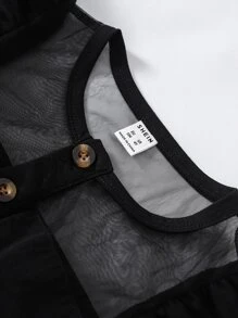 SHEIN Elladie kids Young Girl Contrast Mesh Butterfly Sleeve A-Line Dress Summer Holiday - Black - View 3