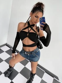 SHEIN ICON Cut Out Backless Halter Neck Tie Back Crop Top - Black - View 4