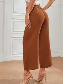 SHEIN PETITE 高腰前打結長褲 - 鏽棕色 - 查看 3