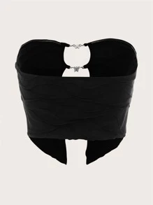 SHEIN ICON 紋理質感鏤空蝴蝶不對稱下擺抹胸上衣 - 黑色 - 查看 2