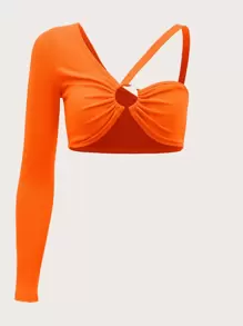 SHEIN ICON Dopamine Dressing Neon Orange Asymmetrical Neck Ring Detail Top - Orange - View 1