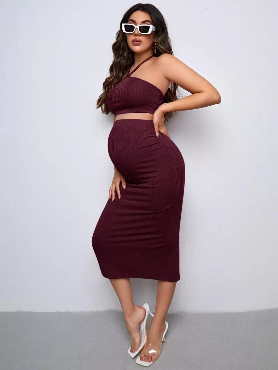 SHEIN Maternidad Conjunto Top halter tejido de canalé & Falda de lápiz - Granate - Ver 1