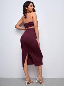 SHEIN Maternidad Conjunto Top halter tejido de canalé & Falda de lápiz - Granate - Ver 2