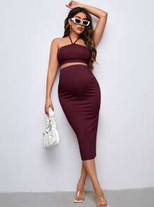 SHEIN Maternidad Conjunto Top halter tejido de canalé & Falda de lápiz - Granate - Ver 3