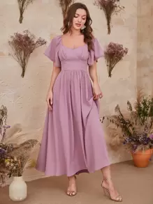 Modelyn Đầm Xù Buộc lại Dây kéo màu trơn Thanh lịch - Màu tím hoa cà - Xem 4
