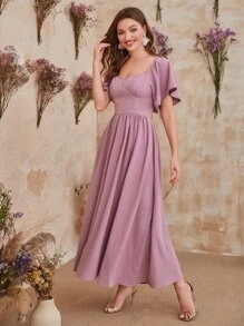 Modelyn Đầm Xù Buộc lại Dây kéo màu trơn Thanh lịch - Màu tím hoa cà - Xem 5