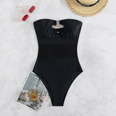 Ring Linked Cut Out Contrast Mesh Bandeau One Piece Swimsuit