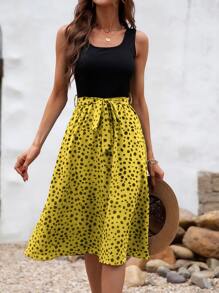 SHEIN LUNE Vestido línea A de color combinado con cinturón - Multicolor - Ver 1