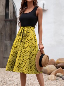 SHEIN LUNE Vestido línea A de color combinado con cinturón - Multicolor - Ver 4