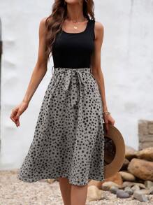 SHEIN LUNE Vestido línea A de color combinado con cinturón - Multicolor - Ver 1