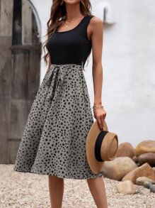 SHEIN LUNE Vestido línea A de color combinado con cinturón - Multicolor - Ver 3