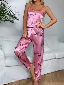 Heart & Letter Graphic Satin PJ Set / Pajama Set