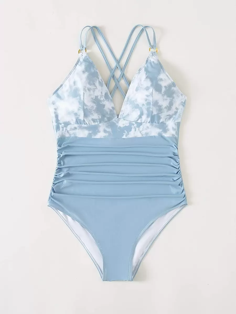Swim Vcay Summer Beach Plus Tie Dye Ruched Criss Cross One Piece Swimsuit - Blue and White - View 1