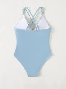 Swim Vcay Summer Beach Plus Tie Dye Ruched Criss Cross One Piece Swimsuit - Blue and White - View 2