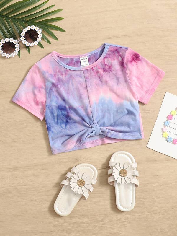 SHEIN Young Girls' Summer Casual Tie-Dye Knot Short Sleeve Crop Top