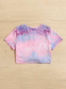 SHEIN Young Girls' Summer Casual Tie-Dye Knot Short Sleeve Crop Top