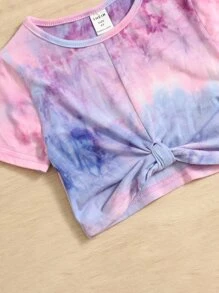 SHEIN Young Girls' Summer Casual Tie-Dye Knot Short Sleeve Crop Top