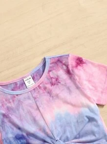 SHEIN Young Girls' Summer Casual Tie-Dye Knot Short Sleeve Crop Top